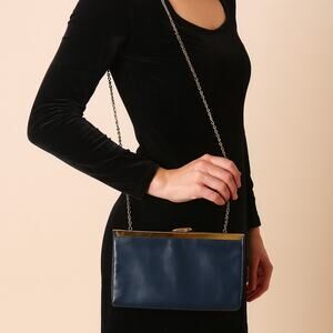Vintage 60s Etra Navy Leather Clutch Purse w/ Gold Chain Strap
